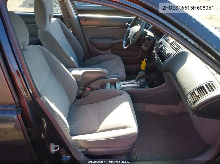 2005 HONDA CIVIC VIN 2HGES16615H608051 — фото 5