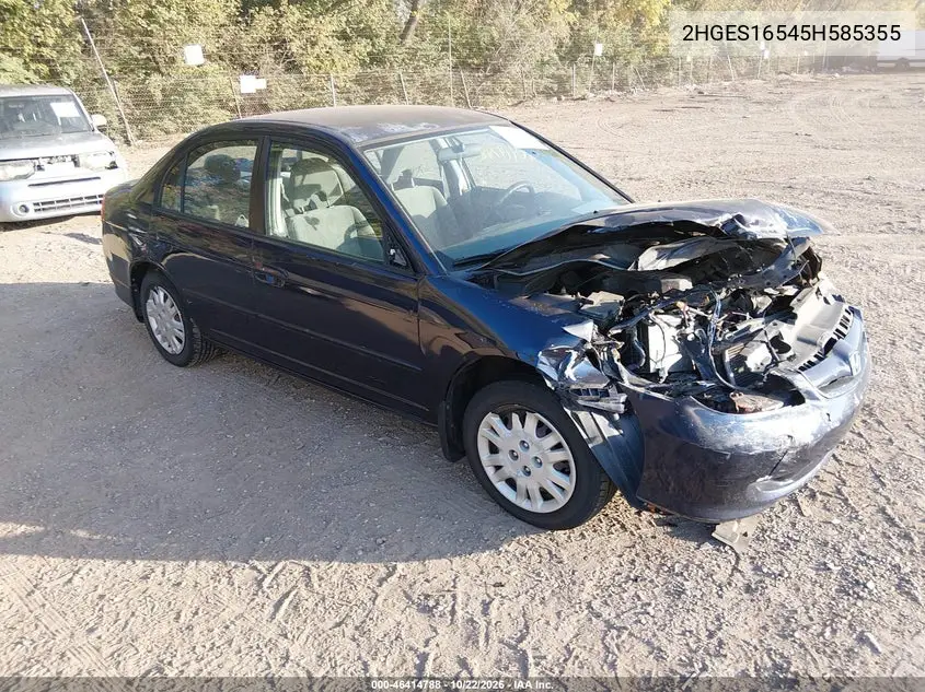 HONDA CIVIC 2005, VIN 2HGES16545H585355