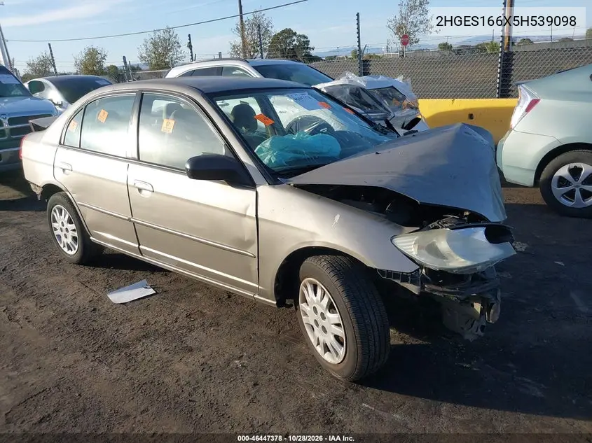 HONDA CIVIC 2005, VIN 2HGES166X5H539098
