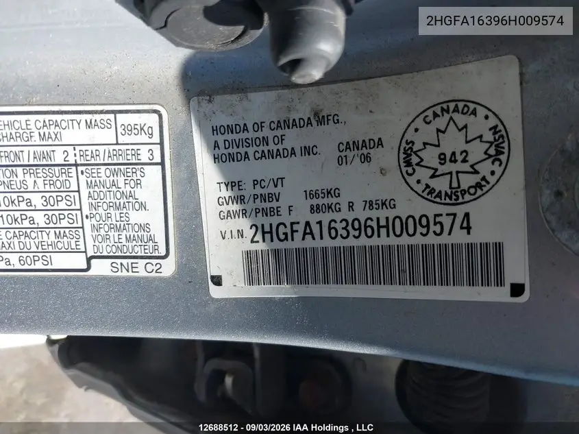 2006 HONDA CIVIC VIN 2HGFA16396H009574 — фото 9