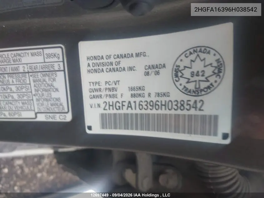 2006 HONDA CIVIC VIN 2HGFA16396H038542 — фото 9