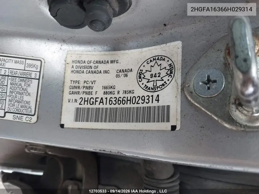 2006 HONDA CIVIC VIN 2HGFA16366H029314 — фото 9