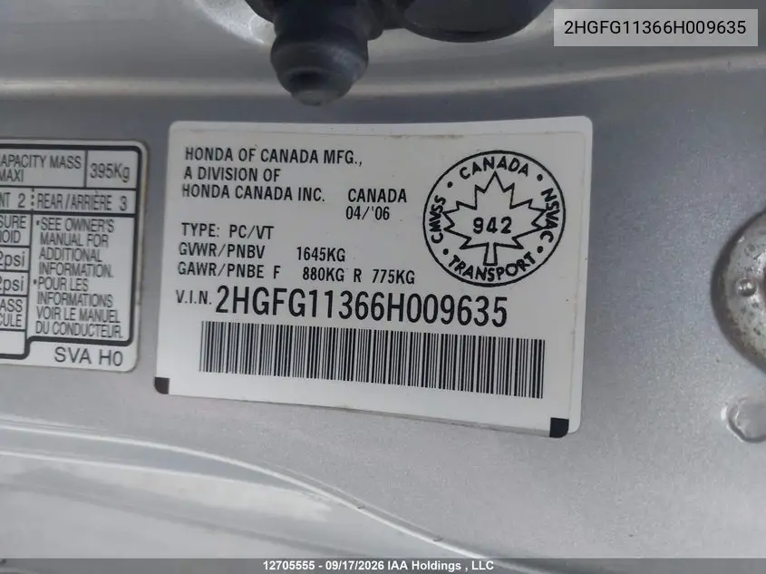 2006 HONDA CIVIC VIN 2HGFG11366H009635 — фото 9