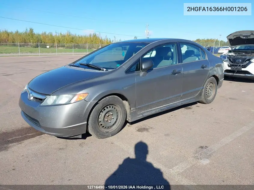 2006 HONDA CIVIC VIN 2HGFA16366H001206 — фото 2