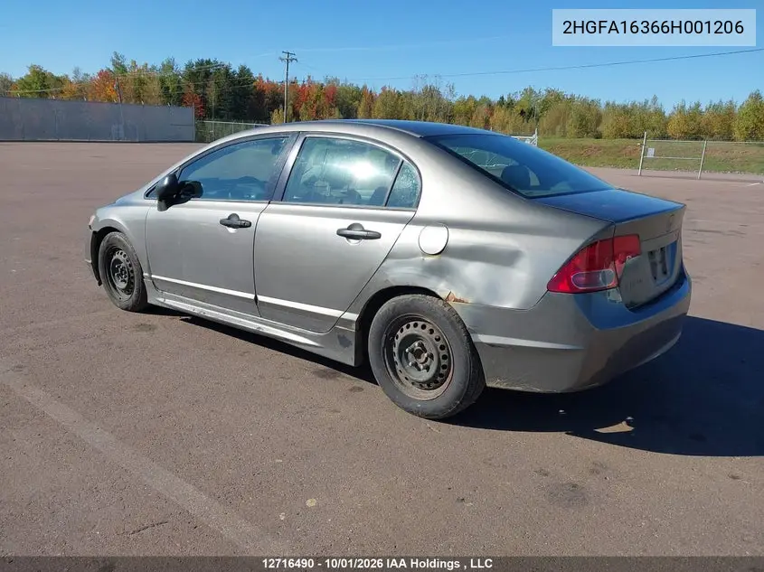 2006 HONDA CIVIC VIN 2HGFA16366H001206 — фото 3