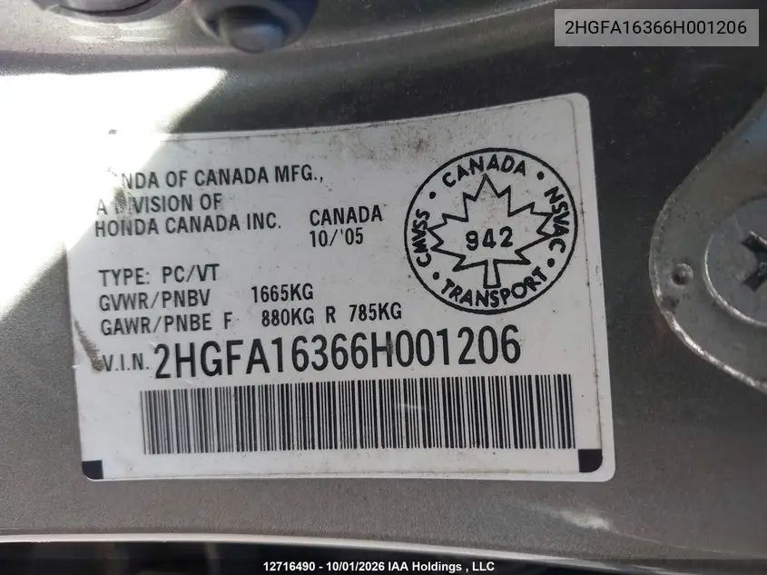 2006 HONDA CIVIC VIN 2HGFA16366H001206 — фото 9