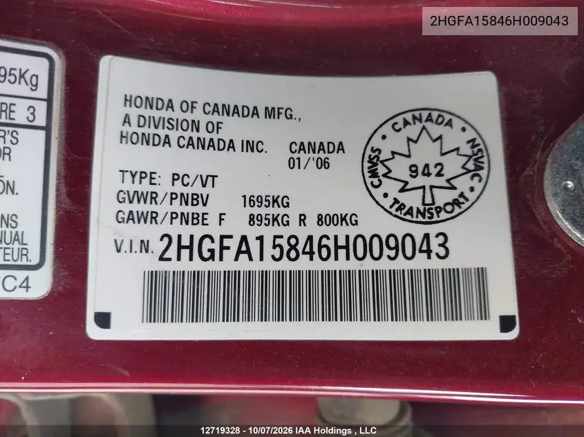 2006 HONDA CIVIC VIN 2HGFA15846H009043 — фото 9