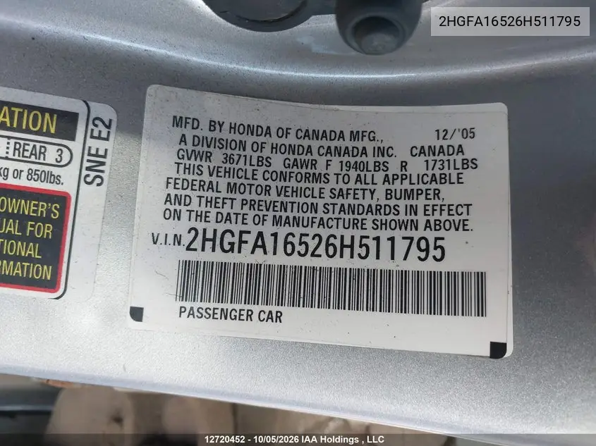 2006 HONDA CIVIC VIN 2HGFA16526H511795 — фото 18