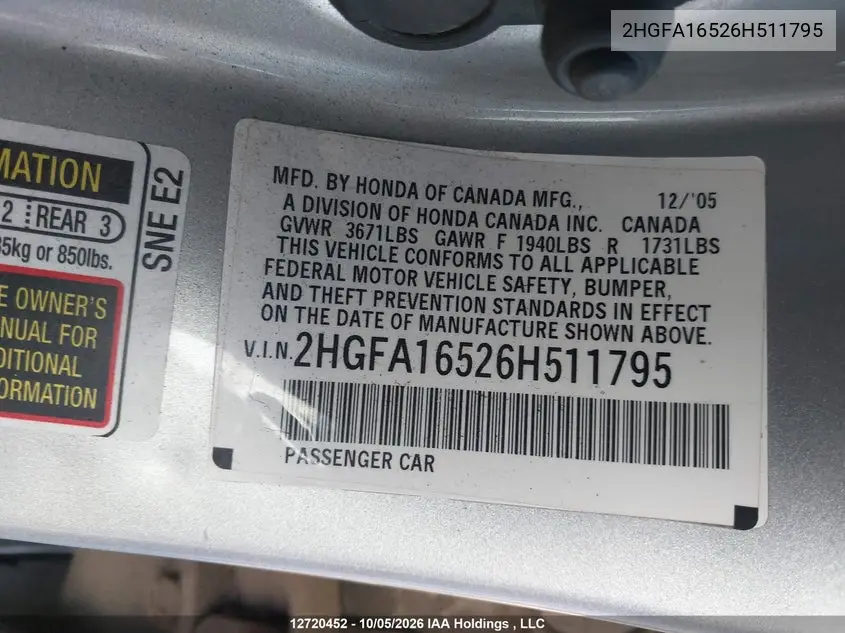 2006 HONDA CIVIC VIN 2HGFA16526H511795 — фото 9