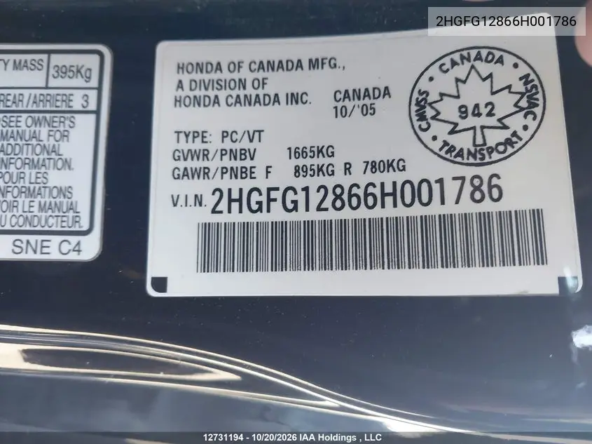 2006 HONDA CIVIC VIN 2HGFG12866H001786 — фото 9