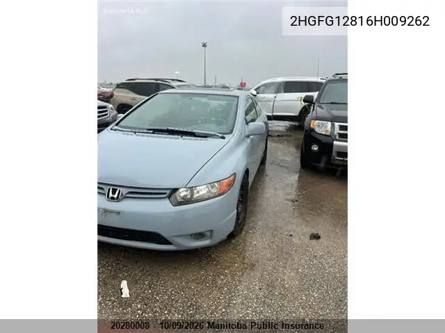 2006 HONDA CIVIC VIN 2HGFG12816H009262 — фото 2
