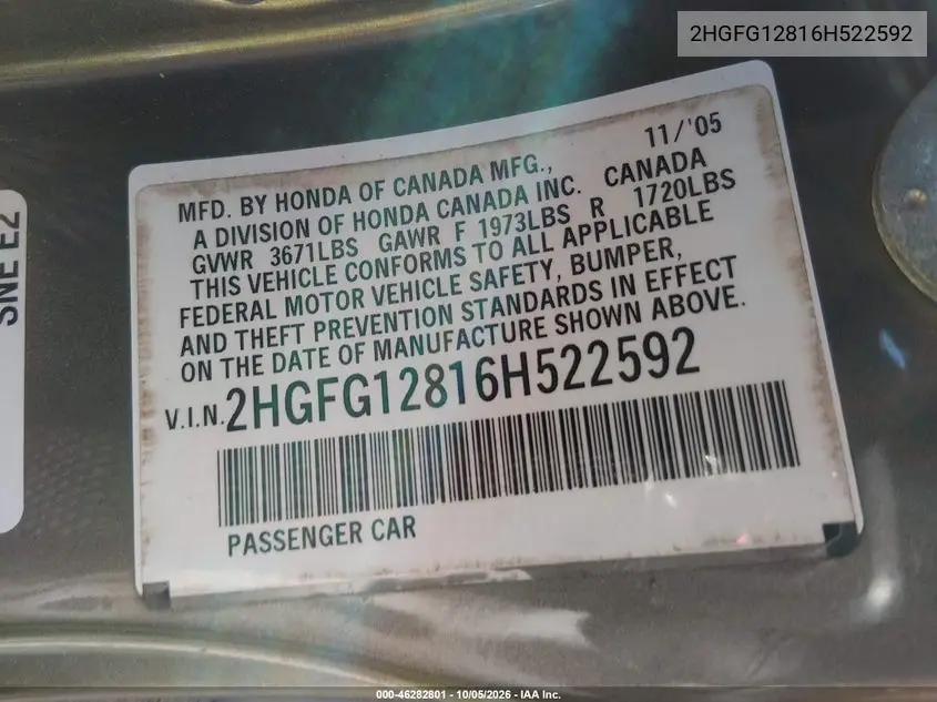 2006 HONDA CIVIC VIN 2HGFG12816H522592 — фото 9