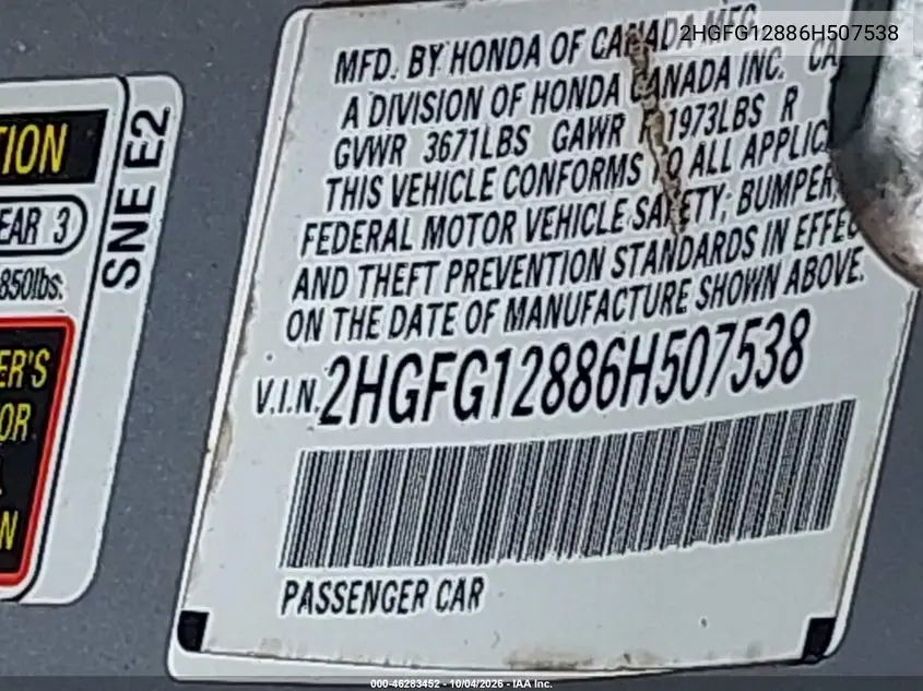 2006 HONDA CIVIC VIN 2HGFG12886H507538 — фото 9
