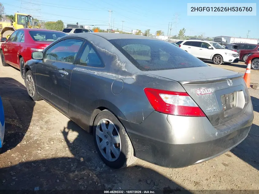 2006 HONDA CIVIC VIN 2HGFG12626H536760 — фото 3