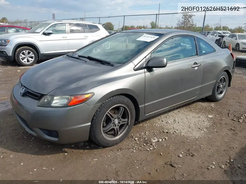2006 HONDA CIVIC VIN 2HGFG12626H521692 — фото 2