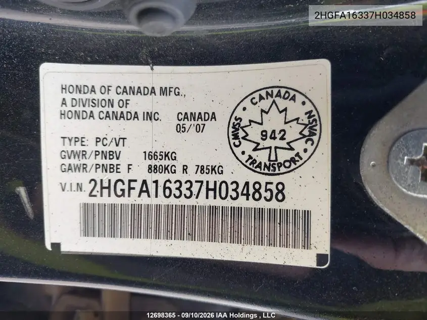 2007 HONDA CIVIC VIN 2HGFA16337H034858 — фото 19