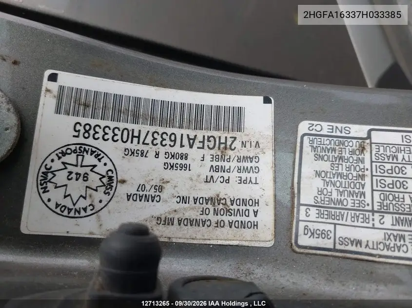 2007 HONDA CIVIC VIN 2HGFA16337H033385 — фото 10