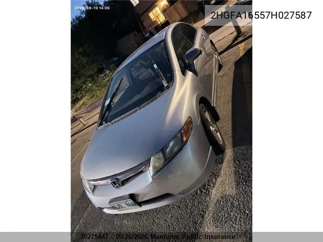 2007 HONDA CIVIC VIN 2HGFA16557H027587 — фото 2