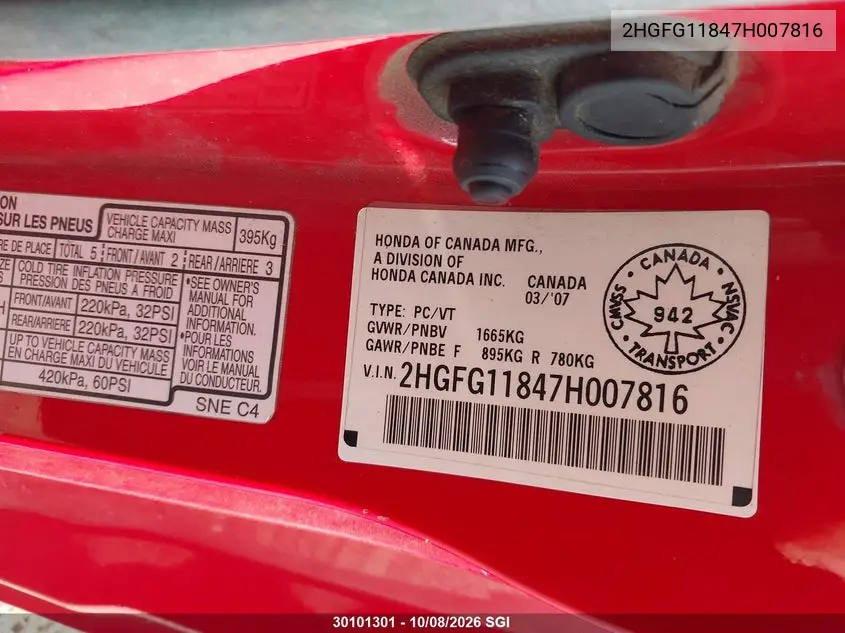 2007 HONDA CIVIC VIN 2HGFG11847H007816 — фото 9