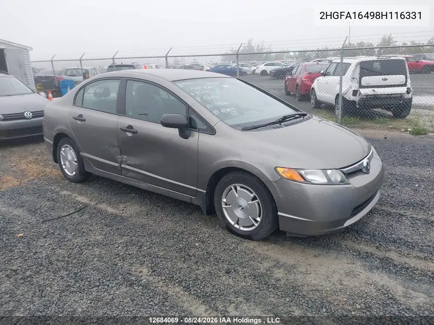 HONDA CIVIC 2008, VIN 2HGFA16498H116331