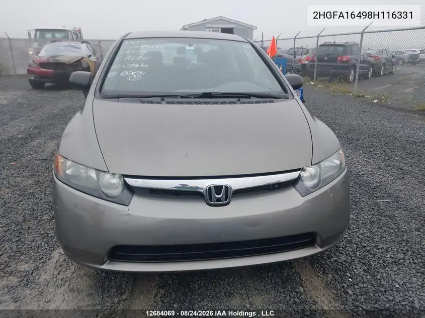 2008 HONDA CIVIC VIN 2HGFA16498H116331 — фото 13