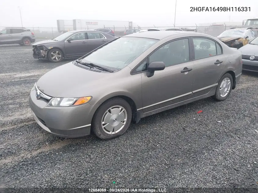 2008 HONDA CIVIC VIN 2HGFA16498H116331 — фото 2