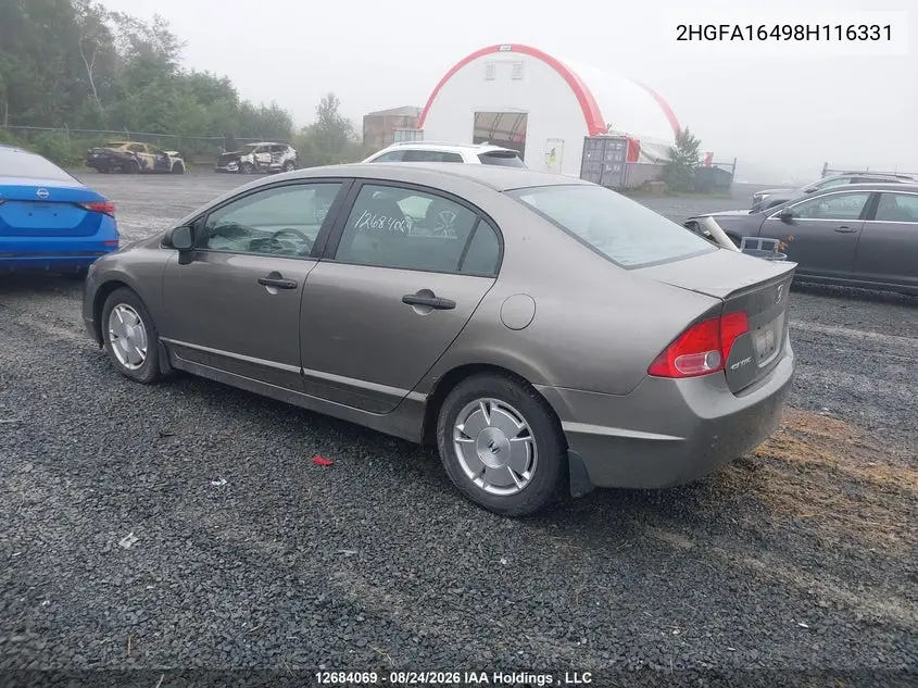 2008 HONDA CIVIC VIN 2HGFA16498H116331 — фото 3