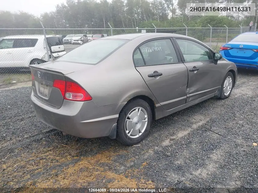 2008 HONDA CIVIC VIN 2HGFA16498H116331 — фото 4