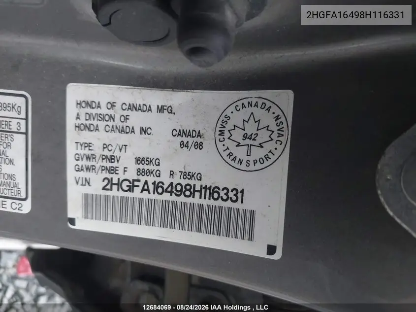 2008 HONDA CIVIC VIN 2HGFA16498H116331 — фото 9