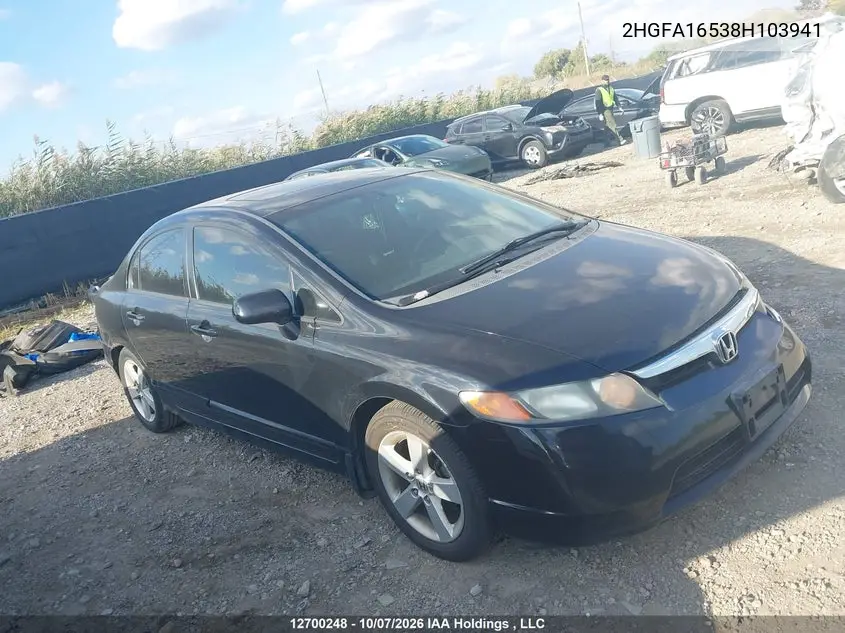 HONDA CIVIC 2008, VIN 2HGFA16538H103941