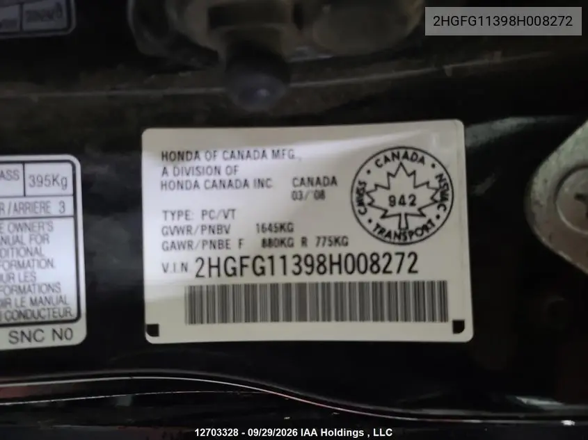 2008 HONDA CIVIC VIN 2HGFG11398H008272 — фото 21