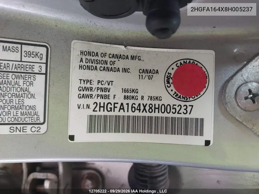 2008 HONDA CIVIC VIN 2HGFA164X8H005237 — фото 9