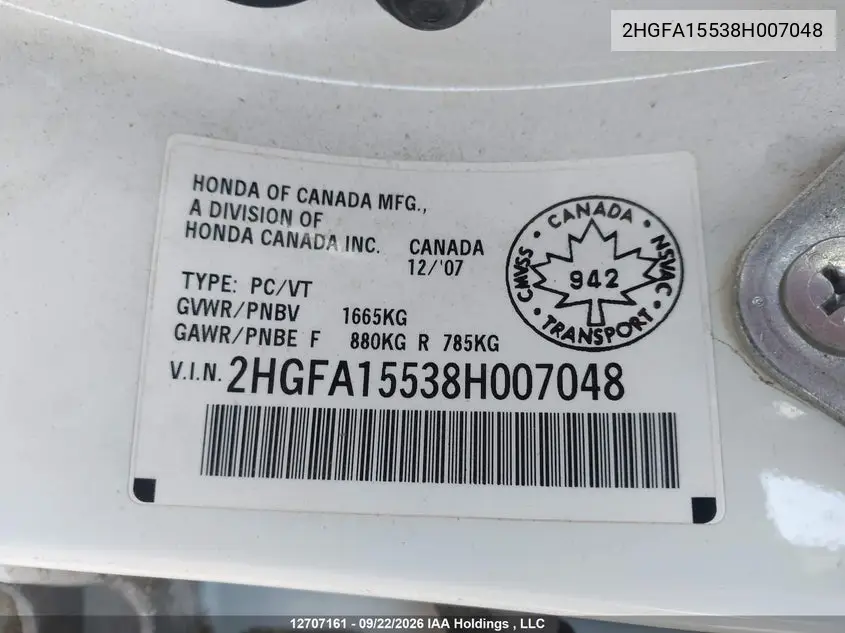 2008 HONDA CIVIC VIN 2HGFA15538H007048 — фото 9