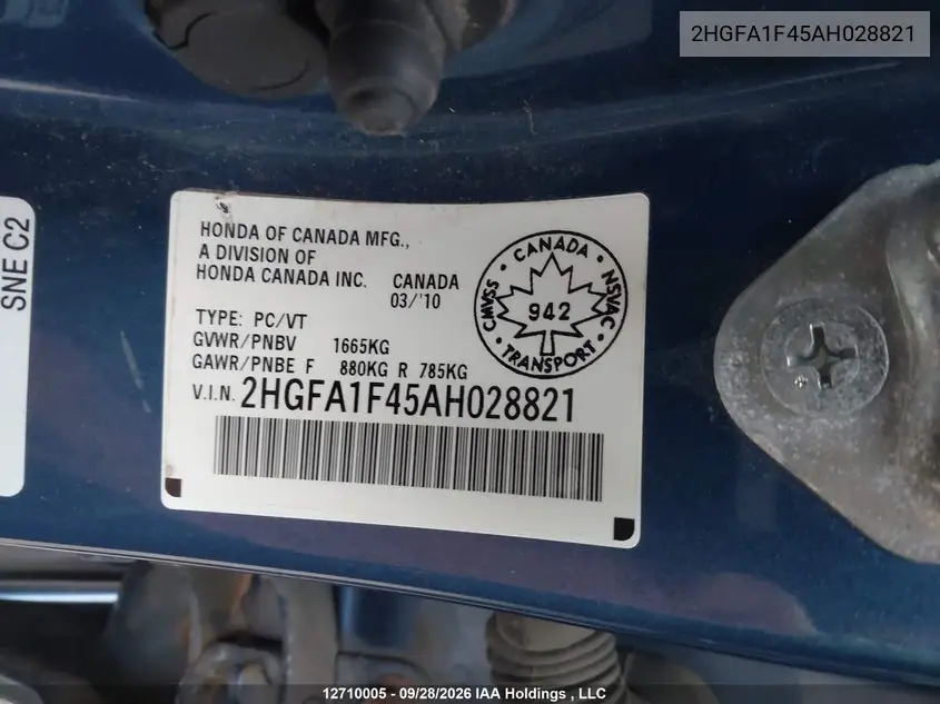 2008 HONDA CIVIC VIN 2HGFA1F45AH028821 — фото 9
