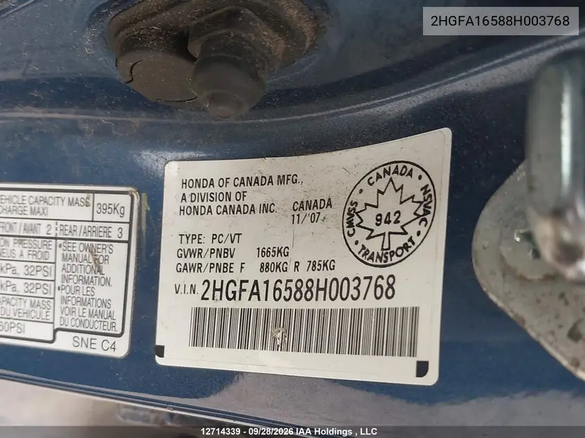 2008 HONDA CIVIC VIN 2HGFA16588H003768 — фото 9