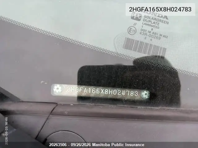 2008 HONDA CIVIC VIN 2HGFA165X8H024783 — фото 9