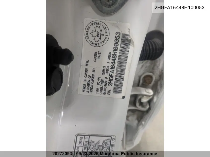 2008 HONDA CIVIC VIN 2HGFA16448H100053 — фото 3