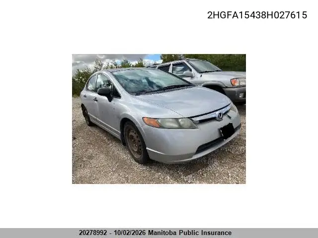 HONDA CIVIC 2008, VIN 2HGFA15438H027615