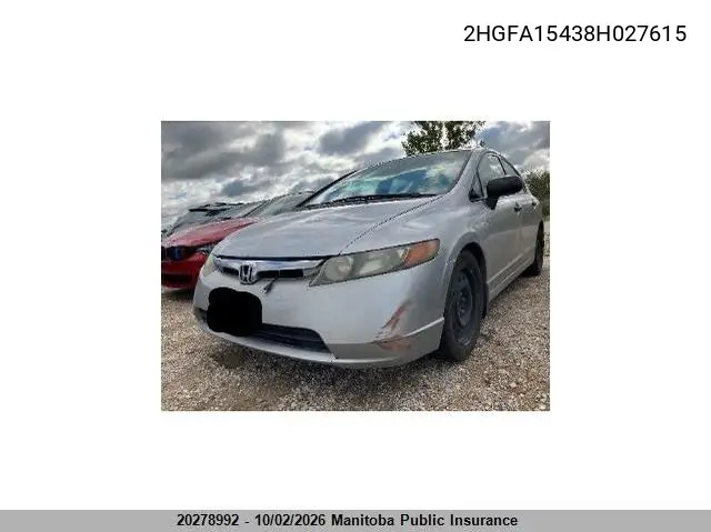2008 HONDA CIVIC VIN 2HGFA15438H027615 — фото 2