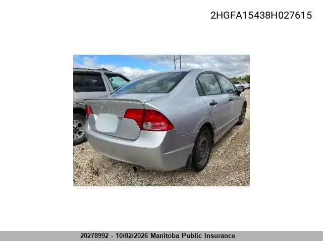 2008 HONDA CIVIC VIN 2HGFA15438H027615 — фото 3