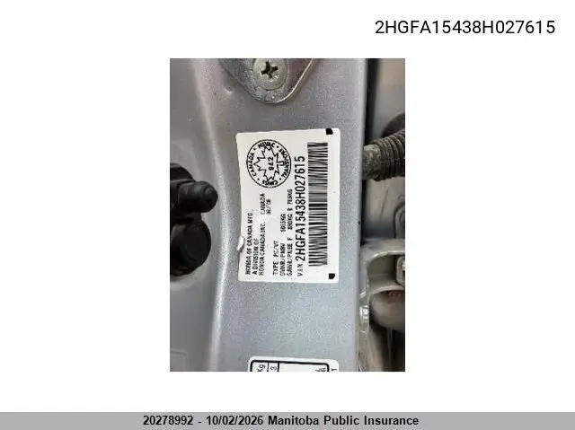 2008 HONDA CIVIC VIN 2HGFA15438H027615 — фото 9