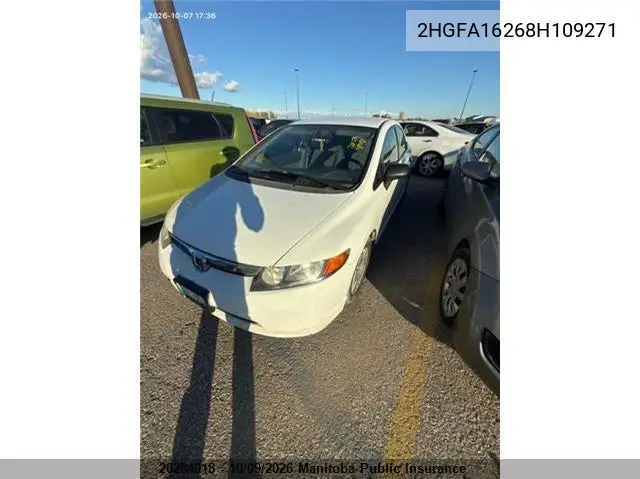 HONDA CIVIC 2008, VIN 2HGFA16268H109271