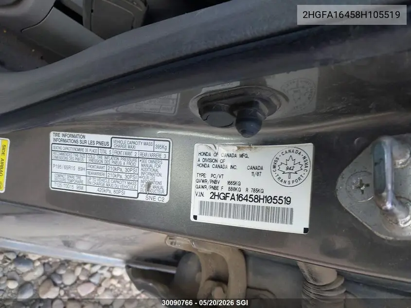 2008 HONDA CIVIC VIN 2HGFA16458H105519 — фото 9