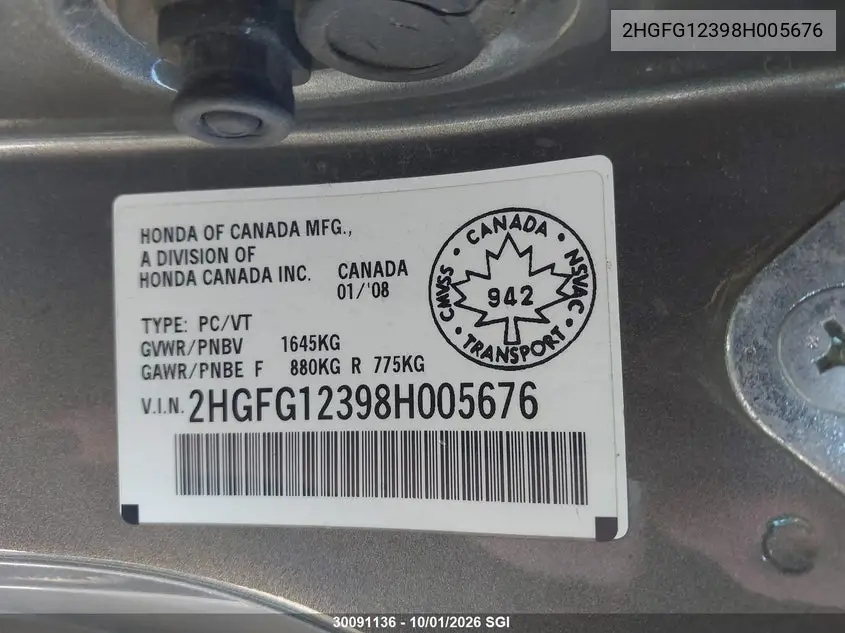 2008 HONDA CIVIC VIN 2HGFG12398H005676 — фото 9