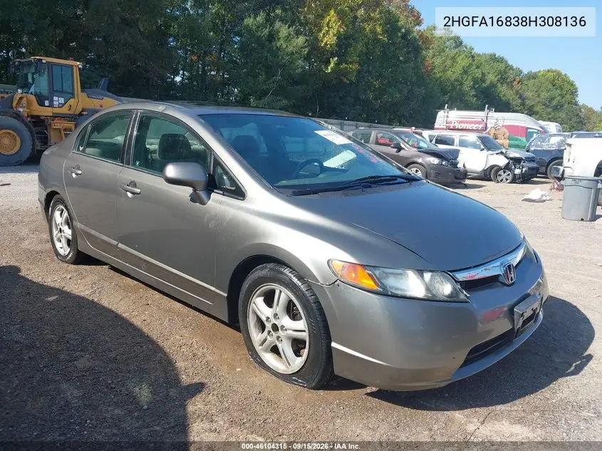 HONDA CIVIC 2008, VIN 2HGFA16838H308136