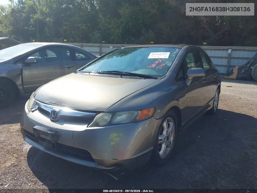 2008 HONDA CIVIC VIN 2HGFA16838H308136 — фото 2