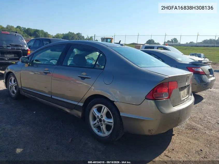 2008 HONDA CIVIC VIN 2HGFA16838H308136 — фото 3
