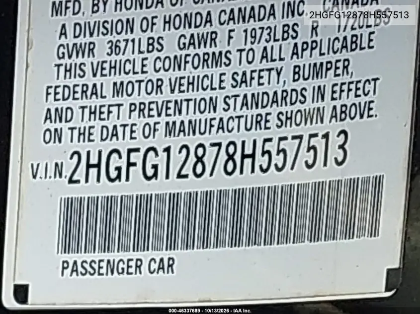 2008 HONDA CIVIC VIN 2HGFG12878H557513 — фото 9