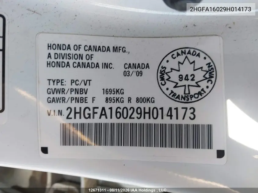 2009 HONDA CIVIC VIN 2HGFA16029H014173 — фото 21