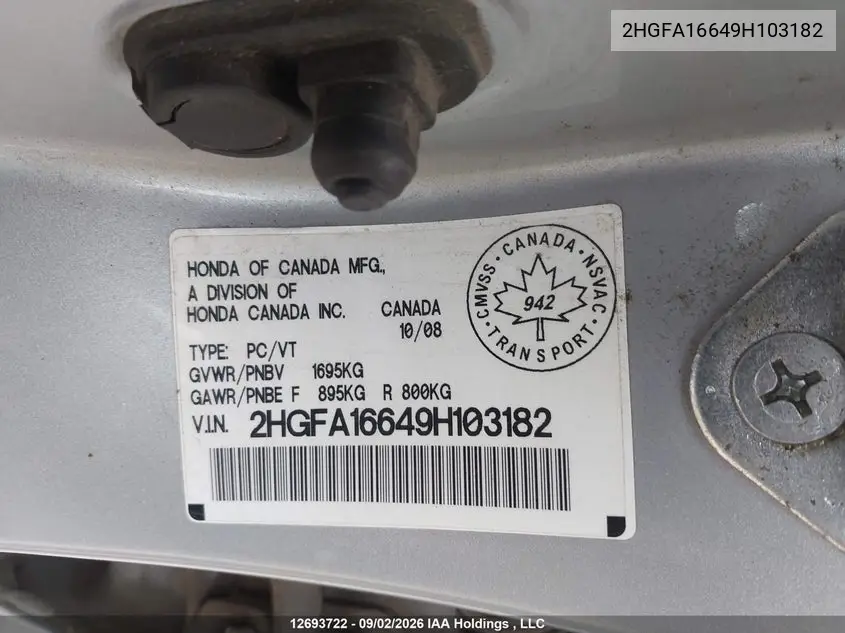 2009 HONDA CIVIC VIN 2HGFA16649H103182 — фото 18
